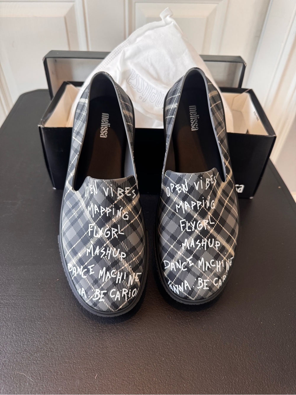 Melissa Ground Gray Black tartan print. Size 8 US 
Slip-On Flats NIB